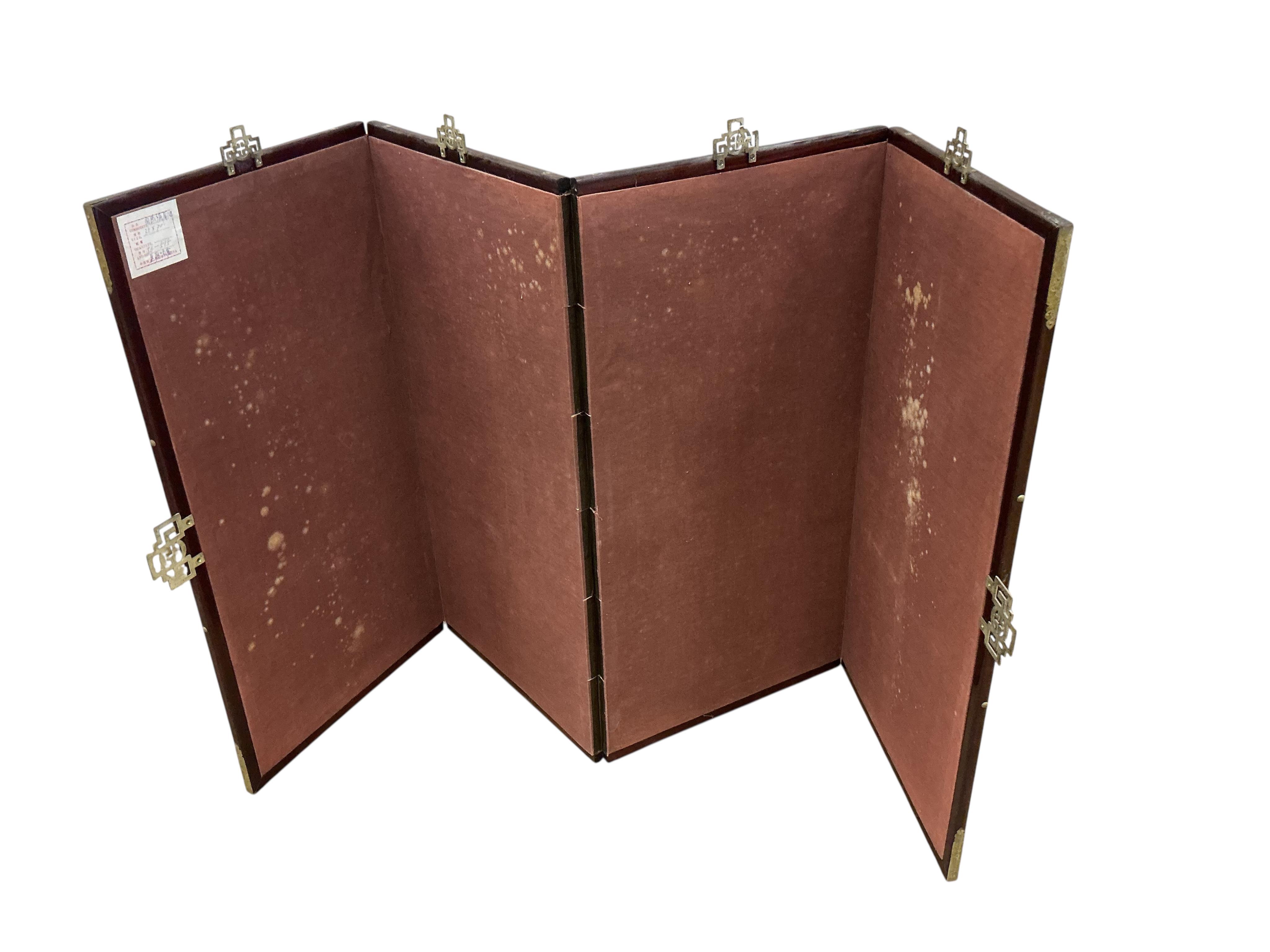 A modern Japanese gold ground four fold screen and a modern Japanese four panelled screen, larger height 92cm